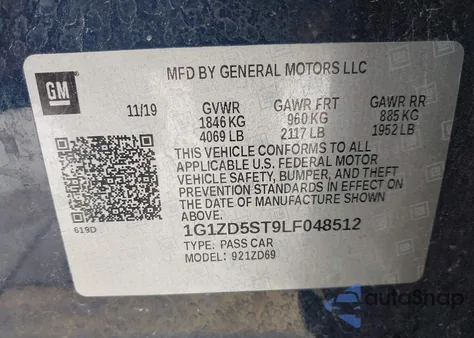 2020 Chevrolet Malibu Fwd Lt z USA, uszkodzony, nr VIN 1G1ZD5ST9LF048512